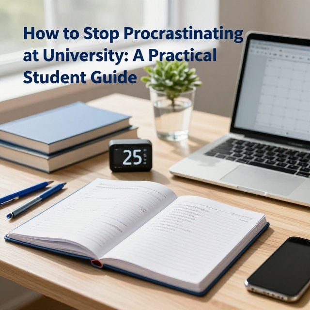 Study desk with a timer, notebook and laptop for overcoming procrastination