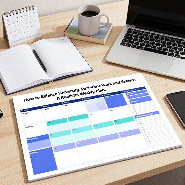 Weekly study schedule on a desk with a planner, notebook and laptop