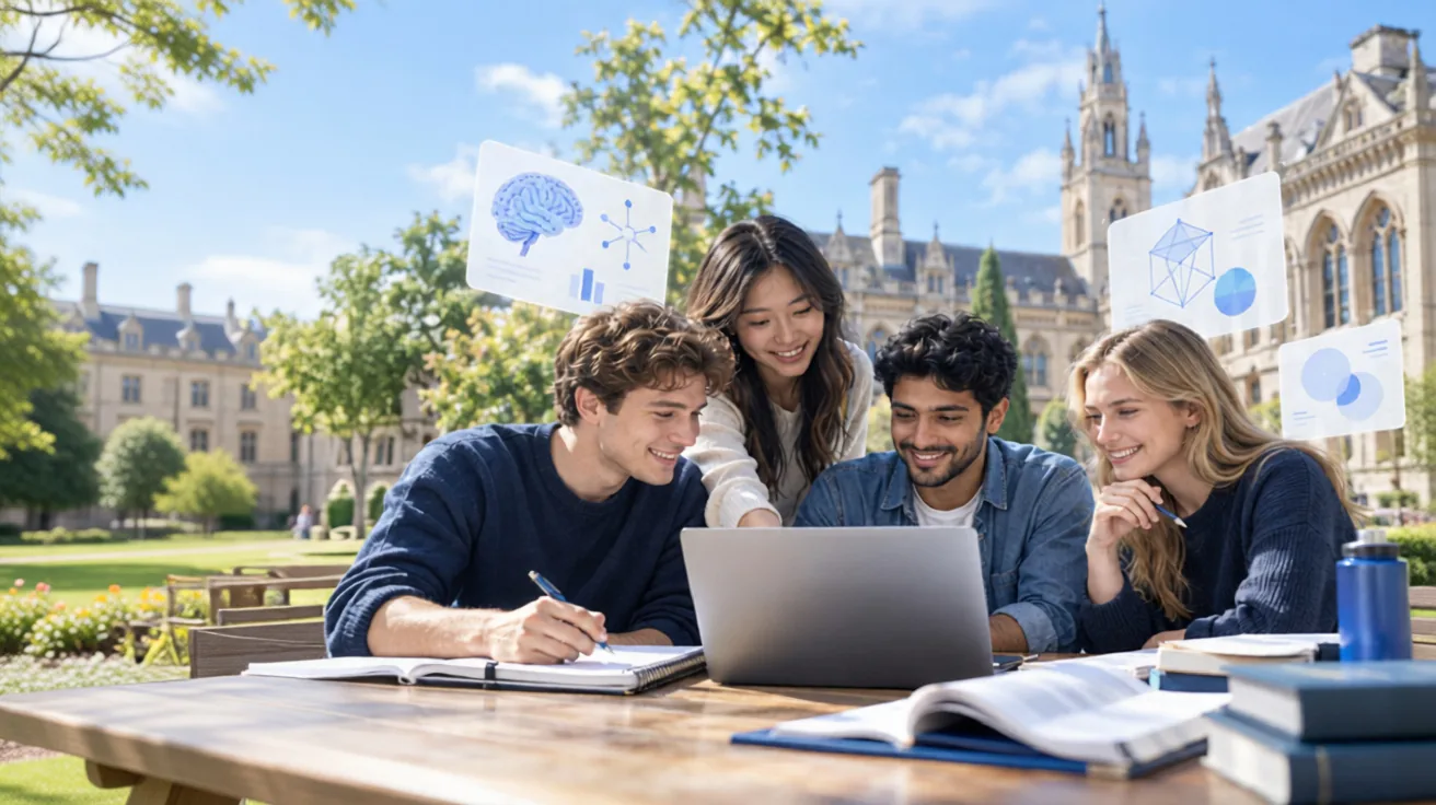 University students studying together with textbooks and a laptop on campus