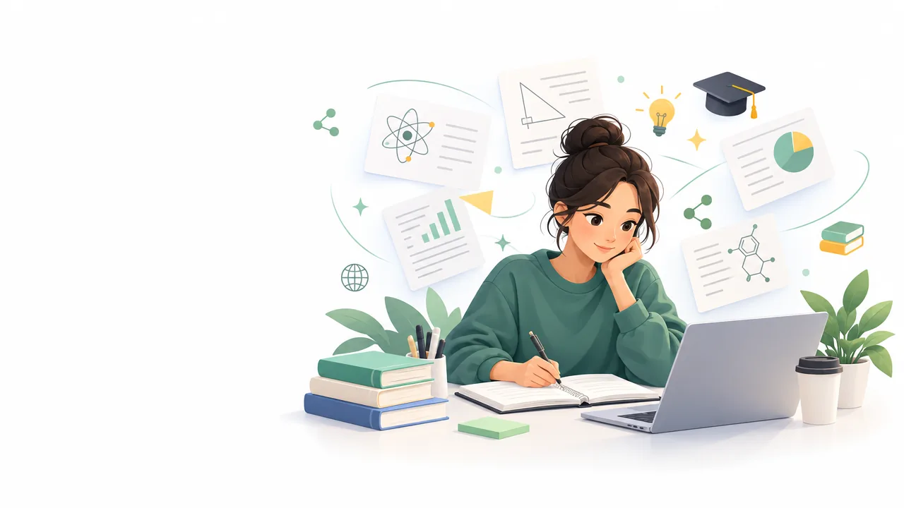 A student studying with books and a laptop